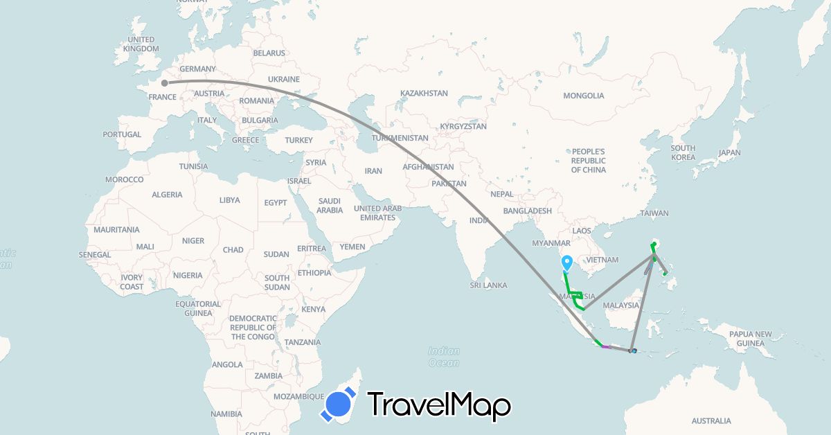 TravelMap itinerary: driving, bus, plane, train, boat, motorbike in France, Indonesia, Malaysia, Philippines, Singapore, Thailand (Asia, Europe)